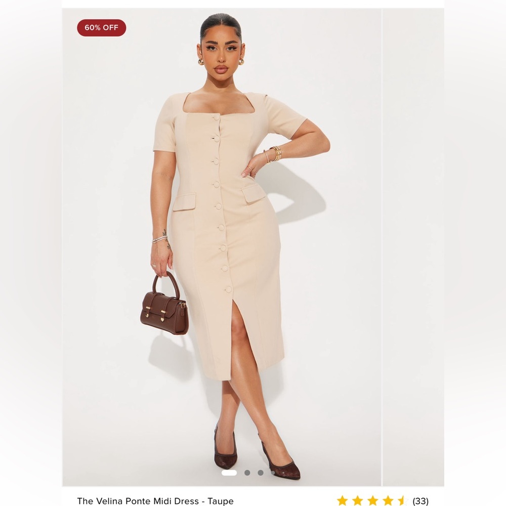 Fashion Nova Taupe Square-Neck Button Midi Dress